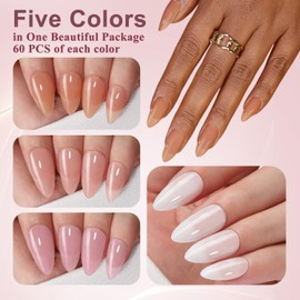 SXVME Soft Gel Nail Tips Short Almond Gel X Tips, 300Pcs Pre-applied Tip Primer Gel X Nail Tips, False Nails Press ons, 5 Natural Colors Press on Nails Short Almond Fake Nails for DIY Nail Art