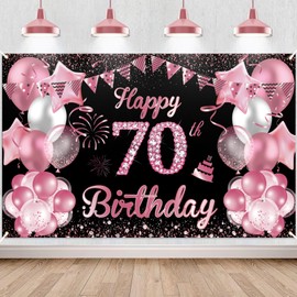 70th Birthday Banner Rose Red Black, Waylipun 70th Birthday Party Background Decoration, Large Fabric 70 Year Birthday Decoration Poster for 70th Girls Table Wall Decoration Accessories, 180 x 110 cm