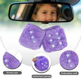 Pair 3” Inch Hot Stamped Polka Dot Fuzzy Plush Dice, Cute Retro Plush Car Interior Accessories for Car Rearview Mirror Hanging Decoration(Purple)