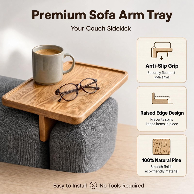 Solid Pine Wood Couch Tray, 8"x12" Sofa Tray with Foldable
