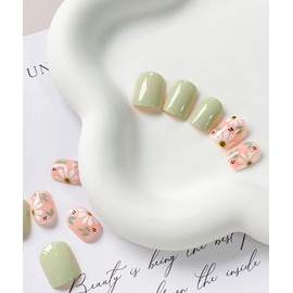 Short Press on Nails Square Spring Fake Nails Light Green Full Cover False Nails with Flower Designs Glossy False Nails with Nail Glue Artificial Acrylic Nails for Women Girls 24 Pcs
