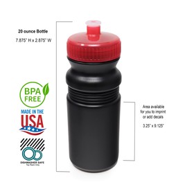 Rolling Sands 20 oz. Bulk Water Bottles 6 Pack, Made in USA, BPA-Free, Reusable Dishwasher Safe Plastic Sports Bottle with Easy Open Pull Top Cap for Adults and Kids, Black Bottles/Pink Lids