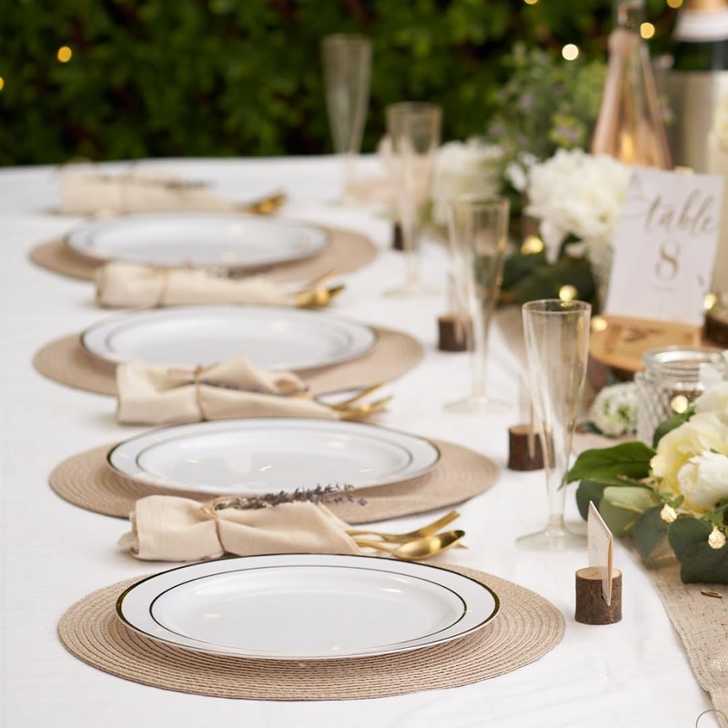 MATANA 50 Premium White Plastic Dinner Plates with Gold Rim,
