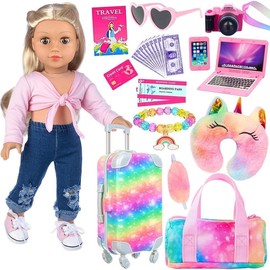 K.T. Fancy 23 PCS American 18 Inch Doll Accessories Suitcase Luggage Travel Set - Rainbow Suitcase Rainbow Bag Camera Computer Cell Phone Neck Pillow Eye Mask Glasses Gift for Christmas (NO Doll) - Colour: Yellow Sequined Suitcase