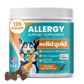 Solid Gold Dog Allergy Relief Chews - Dog Itching Skin Relief & Seasonal Allergies Support - Alaskan Salmon Oil for Dogs Skin, Coat & Immune Support - Bacon Flavor Soft Allergy Chews for Dogs -120ct
