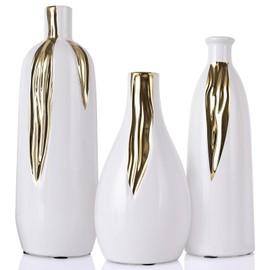 Ceramic Vase 3 Piece Set, White and Gold Vases for Home Decor, Decorative Vases for Mantel, Shelf and Entryway Decor, Dining Table Centerpieces, Living Rooms, Fireplaces and Kitchen Decor.