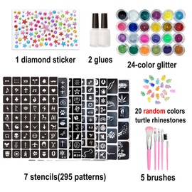 Temporary Glitter Tattoos Kit for Kids, 24 Body Glitter, 295 Stencils, 2 Glues, 5 Brushes, 1 Diamond Sticker, 20 Turtle Rhinestones, Adults & Kids Arts Glitter Makeup Kit, Gift for Birthday Festival