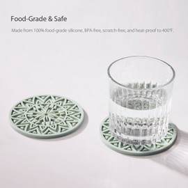 Hoomey Set of 6 Sage Green Silicone Coasters with Holder, Drink Coasters with Tribal Pattern Shape- for Table Protection, Anti Slip, Nonstick, Heat Resistant, Deep Tray