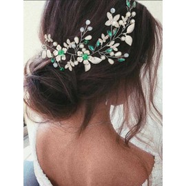 IYOU Crystal Bridal Hair Vine Green Pearl Wedding Headband Rhinestone Beads Headpiece Bridesmaid Hair Accessories for Women