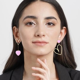 Flyonce Heart Dangle Earrings for Women, Mismatched Style Light Pink Hearts Drop Earrings Asymmetrical Jewelry Gifts for Her Gold-Tone