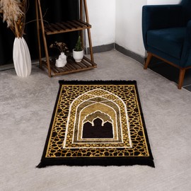Modefa Turkish Islamic Prayer Rug - Comfortable Muslim Praying Mat for Men & Women - Soft Velvet Janamaz Praying Carpet - Ramadan or Eid Gift - with Kufi Prayer Cap - Plush Saray (Black/Gold)