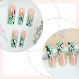 French Tip Press On Nails Long Square Coffin Fake Nails With Green Pink Flower Design Glossy Acrylic False Nails Glue on Nails Full Cover Thick Stick on Nails for Women Girls 24Pcs XA-60-60