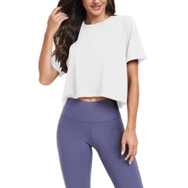 KevaMolly White Workout Crop Tops for Women Loose Fit UPF50+ Breathable Yoga T Shirts Running Athletic Cropped Workout Tops XL