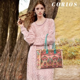 CORIOS Women's Canvas Handbag Ethnic Style Tote Bag Retro Shoulder Bag with Tassels Summer Beach Bag Large Capacity Hobo Bag Bohemian Top Handle Bag for Vacation Beach Travel Daily Use, Multicoloured