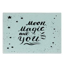Ambesonne Romantic Cutting Board, Moon Magic and You Inspirational Messy Modern Brush Pen Calligraphy with Stars, Decorative Tempered Glass Cutting and Serving Board, Small Size, Black White