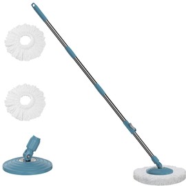 Stainless Steel Extendable Mop Handle with 2 Microfiber Replacement Heads & 360° Rotating Base Plate — Fits Standard Mop Buckets -Navy Blue