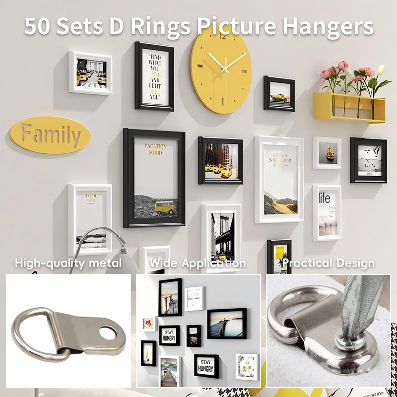 50 Sets Heavy Duty D Rings Picture Hangers - Galvanized