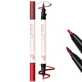 HOSAILY Brown Liquid Lip Liner Red Lip Stain Marker Pen, 2in1 Double Head 2 Color Lip Tint Pencil, Long Lasting Smudge Proof Lightweight Natural Matte Finish All Day Wear Cherry Lip Combo for Women