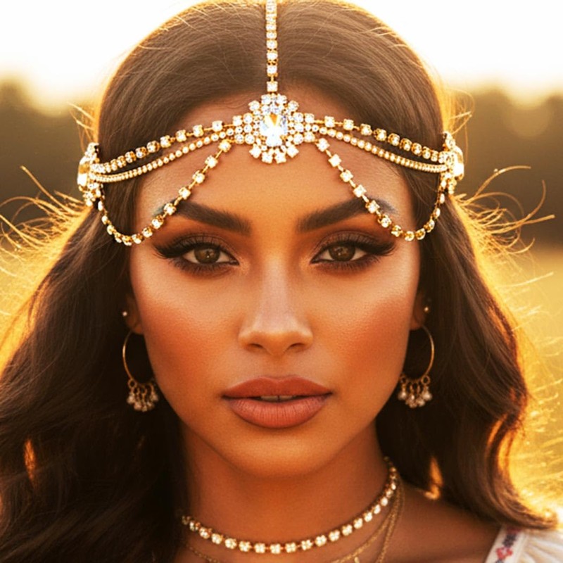 GORAIS Rhinestone Head Chain Gold Crystal Headpiece Egyptian Costume Headband