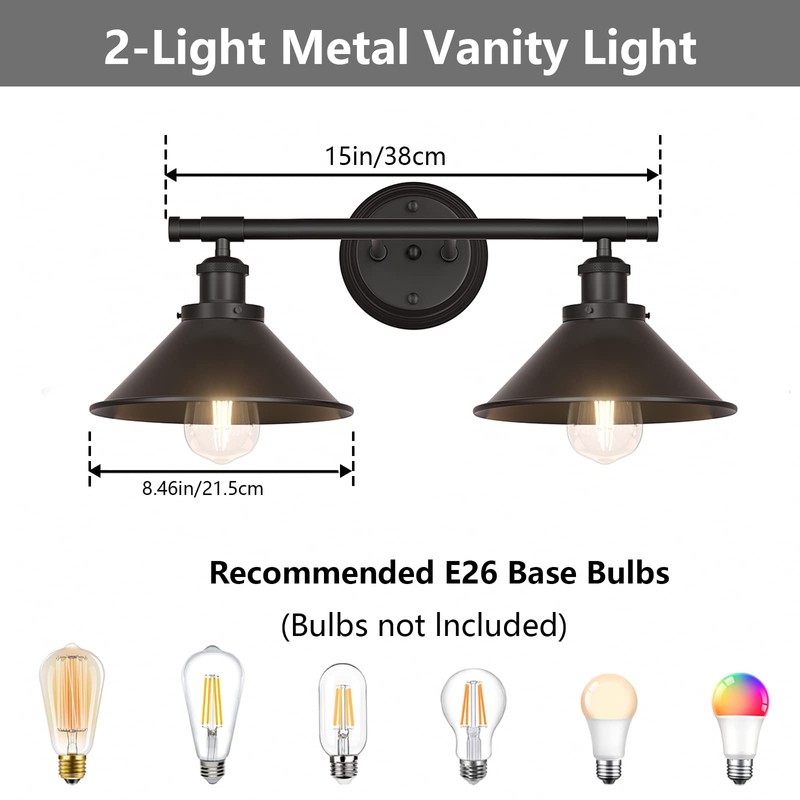 Licperron Black 2-Light Vanity Wall Sconce Lighting, Farmhouse Bathroom Wall