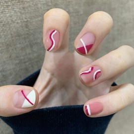 SINHOT Square Glossy False Nails Pink and White Line Press on Nails Acrylic Short Fake Nails for Women and Girls (Pink&White)