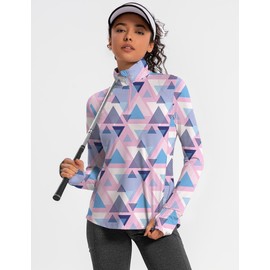 IECCP Active Long Sleeve Tops for Women UPF 50+ Sun Protection Quarter Zip Pullover Lightweight Breathable UV Shirts Athletic Running Workout Tops (Pink Geometry,XXL)