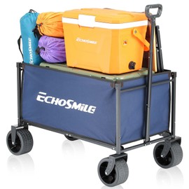 EchoSmile Collapsible Folding Wagon Cart with All-Terrain Wide Wheels, Heavy Duty Garden Cart with 350lbs Capacity,Portable Lightweight Rolling Wagon Cart for Camping Beach Sports Shopping,Blue