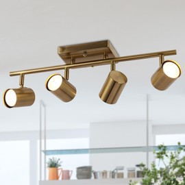 GEPOW Gold 4 Light LED Track Lighting Kit, Modern Brass Ceiling Spotlight Fixture, Adjustable Kitchen Track Light with Flexibly 350°Rotatable Heads