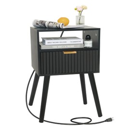 Fultyle Black Nightstand with Charging Station, Mid Cetury Modern Nightstand with Drawers, Fluted End Side Table Living Room for Bedroom and Small Space with Solid Wood (Black)