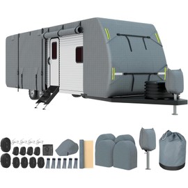 RV Cover 27-30 FT, Heavy Duty Travel Trailer Camper Cover with 7 Layers Top, Waterproof Utility Trailer Covers with Tongue Jack Covers, Gutter Caps, Windproof Straps for Motorhome