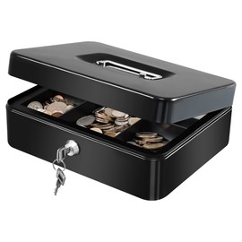 KYODOLED Large Metal Cash Box with Money Tray and Lock,Money Box with Cash Tray,Cash Drawer,9.84"x 7.87"x 3.54" Black Large
