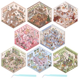 8PCS 3D Sticker Scene Fun DIY 3D House Stickers, DIY Scene Stickers Simulated Cabin Sticker Scene, Make Your Own Supermarket, Coffee Shop, Bookstore