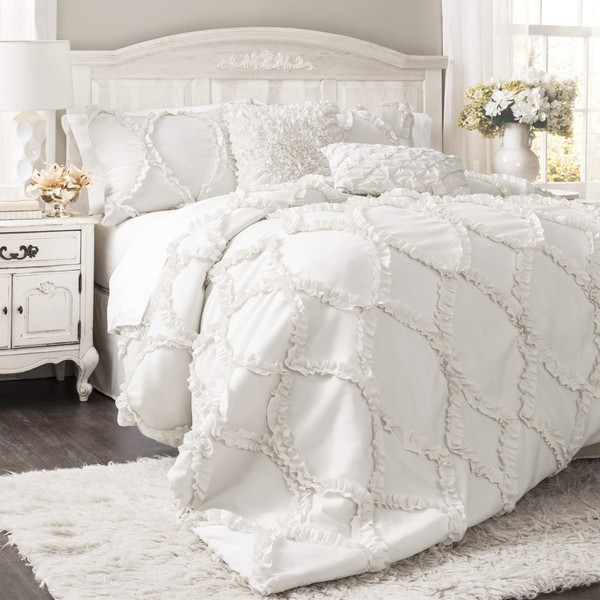 Lush Decor Avon Comforter Ruffled 3 Piece Bedding Set with Pillow Shams, King, White