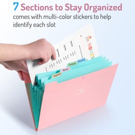 Forvencer Accordion File Organizer, Letter Size, 7 Pocket Expanding File Folder, Cute File Folder with Labels, Portable File Organizer for School Office Supplies, Folders for Documents, Purple