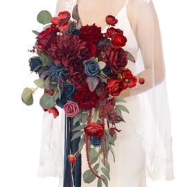 Ling's Moment Burgandy Navy Cascading Bridal Bouquet, 15 Inch Red Wedding Bouquets for Bride, Bridal Bouquets for Wedding, Ceremony, Anniversary, etc.