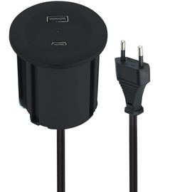 Electraline Electraline 62568 Tischplatte Grommet Einbausteckdose/Tischsteckdosenleiste/Tischsteckdose Power Delivery zum Laden von Computern + 1 typ A 3.0A Q.C. 3M Kabel, D54-60mm, Schwartz, 2 USB (A+C) PD 45W