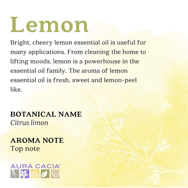 Aura Cacia 100% Pure Lemon Essential Oil | GC/MS Tested for Purity | 60 ml (2 fl. oz.) | Citrus limon