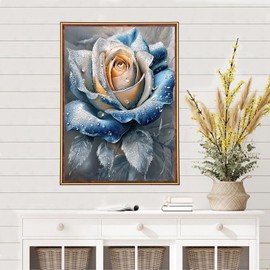 MEIYUDA Rose Diamond Painting Kits for Adults, 5D Blue Flowers Diamond Art Kits for Beginners, Floral DIY Gem Art Crystal Painting for Home Wall Decor Gift 12x16in