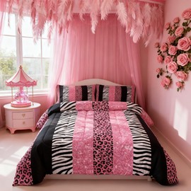 Homewish Leopard Kids Comforter Set Full Size,Glitter Cheetah Zebra Animals Skin Bedding Set,Girls Women Room Decor,Geometric Stripes Patchwork Down Comforter,Pink Romantic Duvet Insert,2 Pillowcases