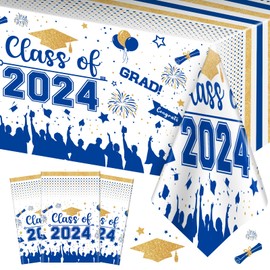 Graduation Decorations Class of 2024 Tablecloth - 3 Pcs Plastic Congrats Grad Table Cloth, Graduation Table Cover for Graduation Party Decorations 2024 and Party Supplies, 54"x108" (Blue and Gold)