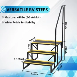 3 Step RV Stairs with Handrail, Hot Tub Steps Metal with Non-Skid Tapes, Portable Stairs Steps for RV, Mobile Home Stairs Travel Trailers, Camper, Hot Tub, Ground-Pool for Indoor & Outdoor