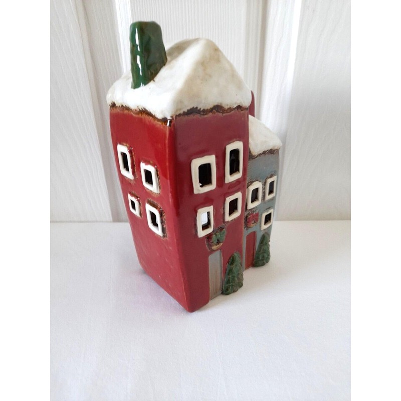 Christmas Two House Tall Cottages Tea Light Holder Red Grey