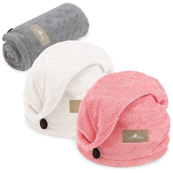 myHomeBody Microfiber Hair Towel Wrap For Quick Dry | 3 Colors + 1 Scrunchie Microfiber Hair Towels Set | Pink, Grey, White | Soft Texture & Suitable For All Hair Types