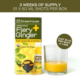 Greenhouse Juice Organic Fiery Ginger Wellness Shot Box Multipack 1.26L Ginger, Turmeric, Lemon, Black Pepper & Oregano | Immunity Wellness + Antiflammatory (Bag-in-Box Dispenser 2 Pack, Fiery Ginger)