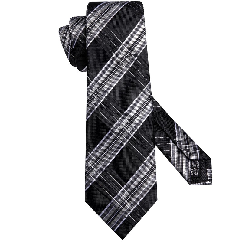 Hi-Tie Black Grey Mens Ties and Flower Lapel Pin Set