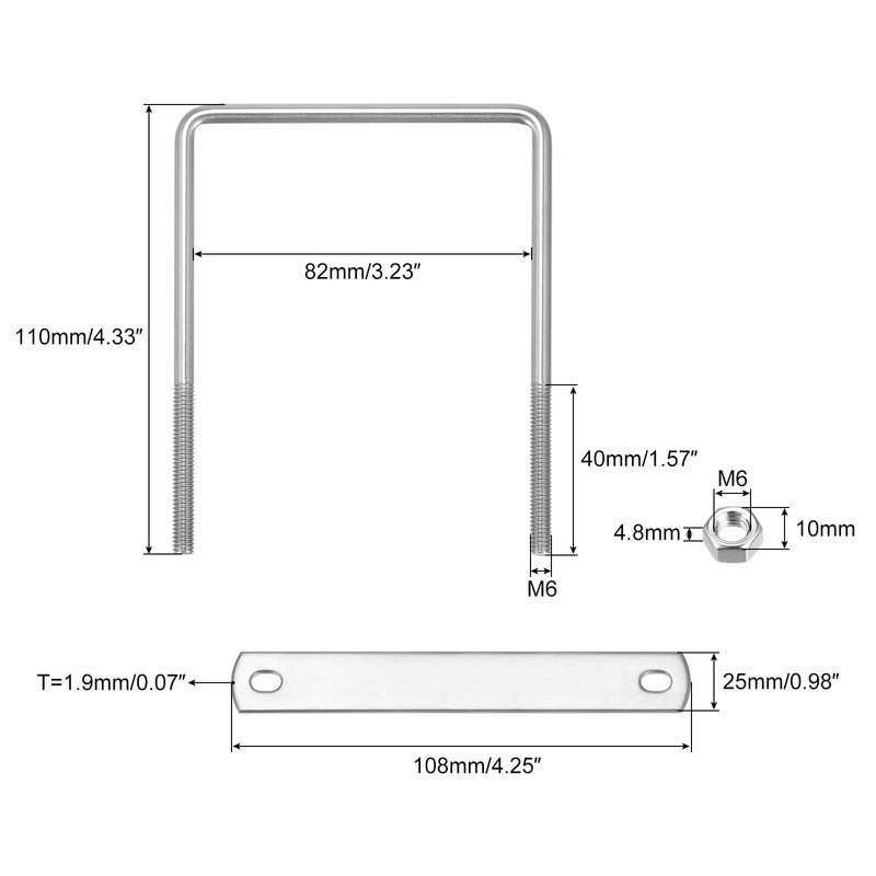 sourcing map Square U-Bolts, 2 Sets 82mm(3.23") Inner Width 110mm
