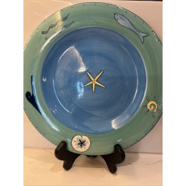 K.I.C. Fish Shells Waves Sun Starfish Green Rim Blue Dinner Plate