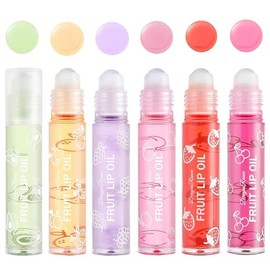 6PCS Fruity Flavors Rolling Ball Lip Oil Set, Long Lasting Moisturizing Lip Balm, Roll-On Lip Gloss Set, Glossy Lip Make-up for All Age, Transparent Lip Gloss for Dry and Chapped Lips