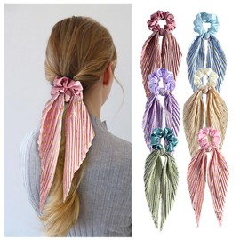 Handmade Creased Hair Band, 2Pack Vintage Ribbons Hair Ties, Ponytail Headbands for Women Girls, Hair Rings Ropes, Pleated Scarf Hair Scrunchie with Long Tails (Blue*Green)