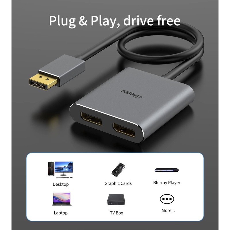 DisplayPort to Dual DisplayPort Splitter Adapter 4K60Hz for Dual Monitor,